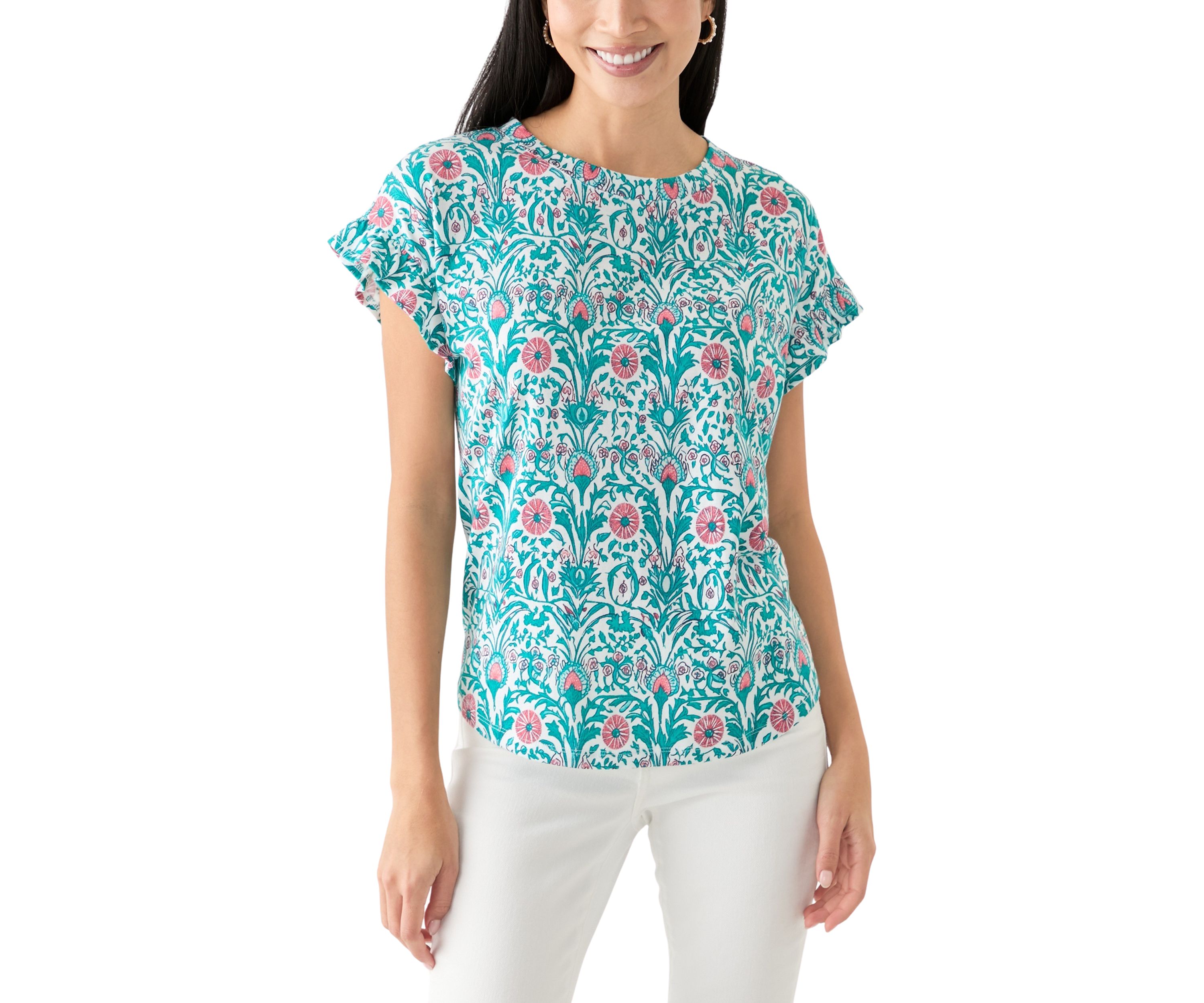 Womens Short Ruffle Sleeve Printed T-Shirt