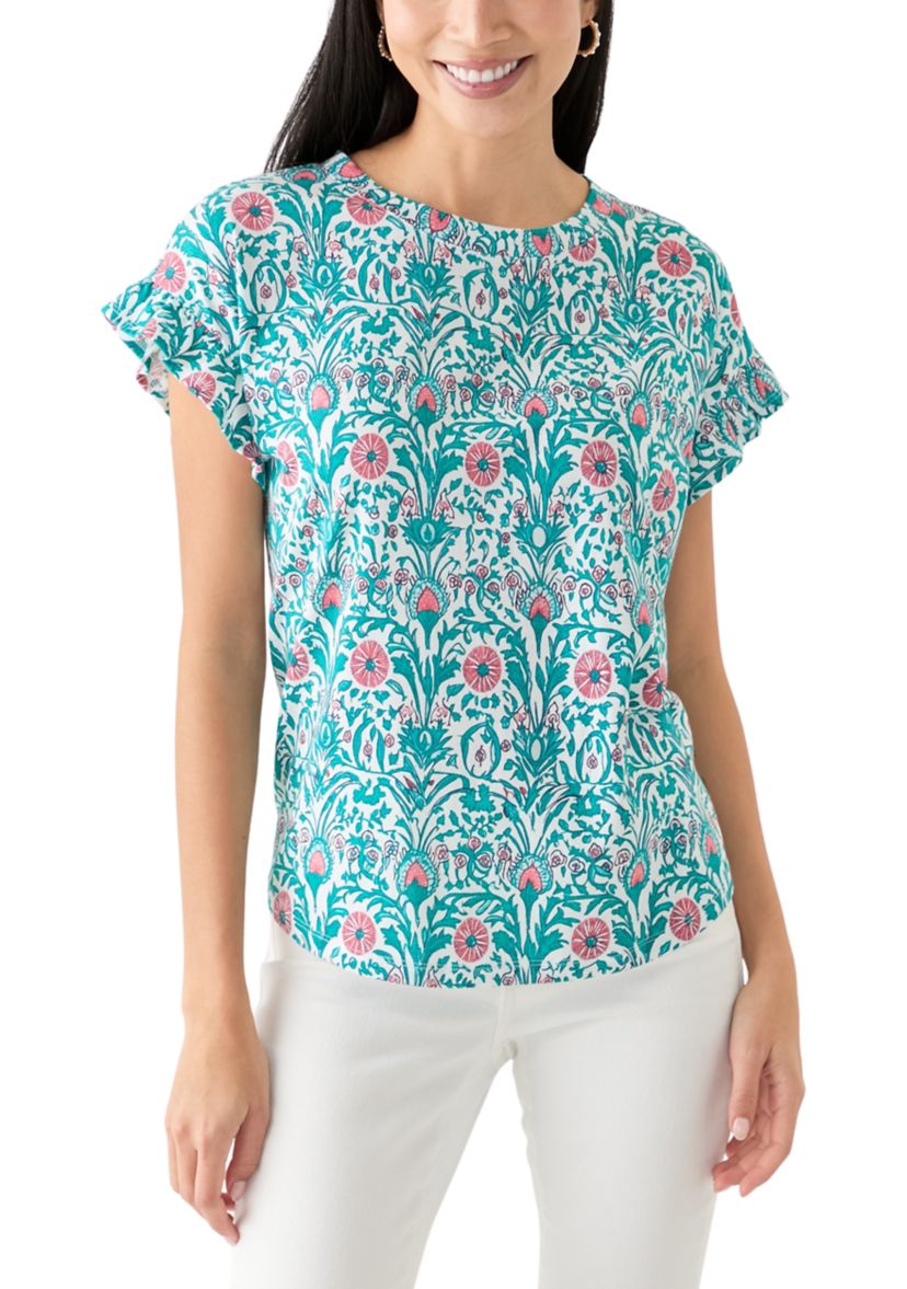 Womens Short Ruffle Sleeve Printed T-Shirt
