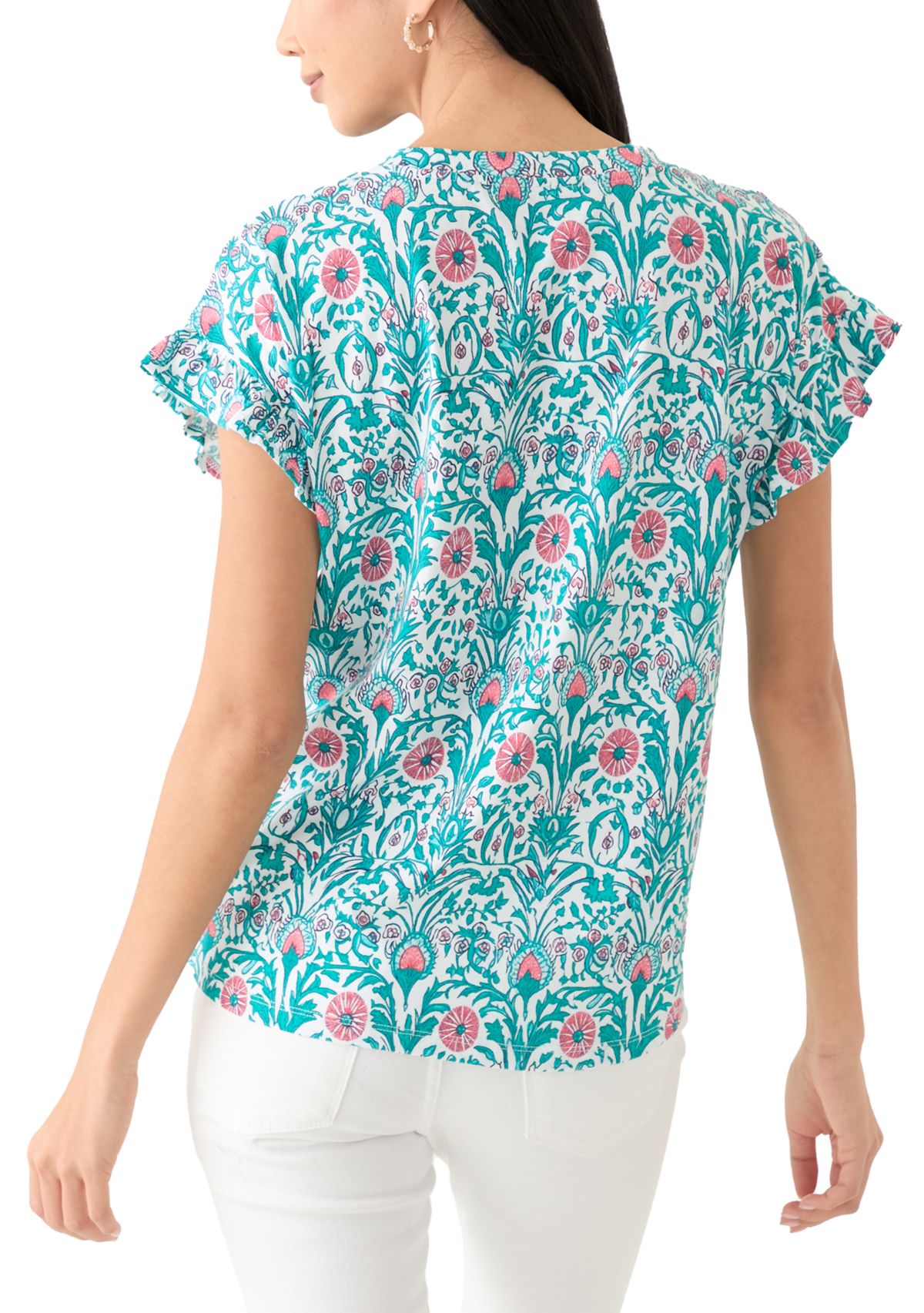Womens Short Ruffle Sleeve Printed T-Shirt