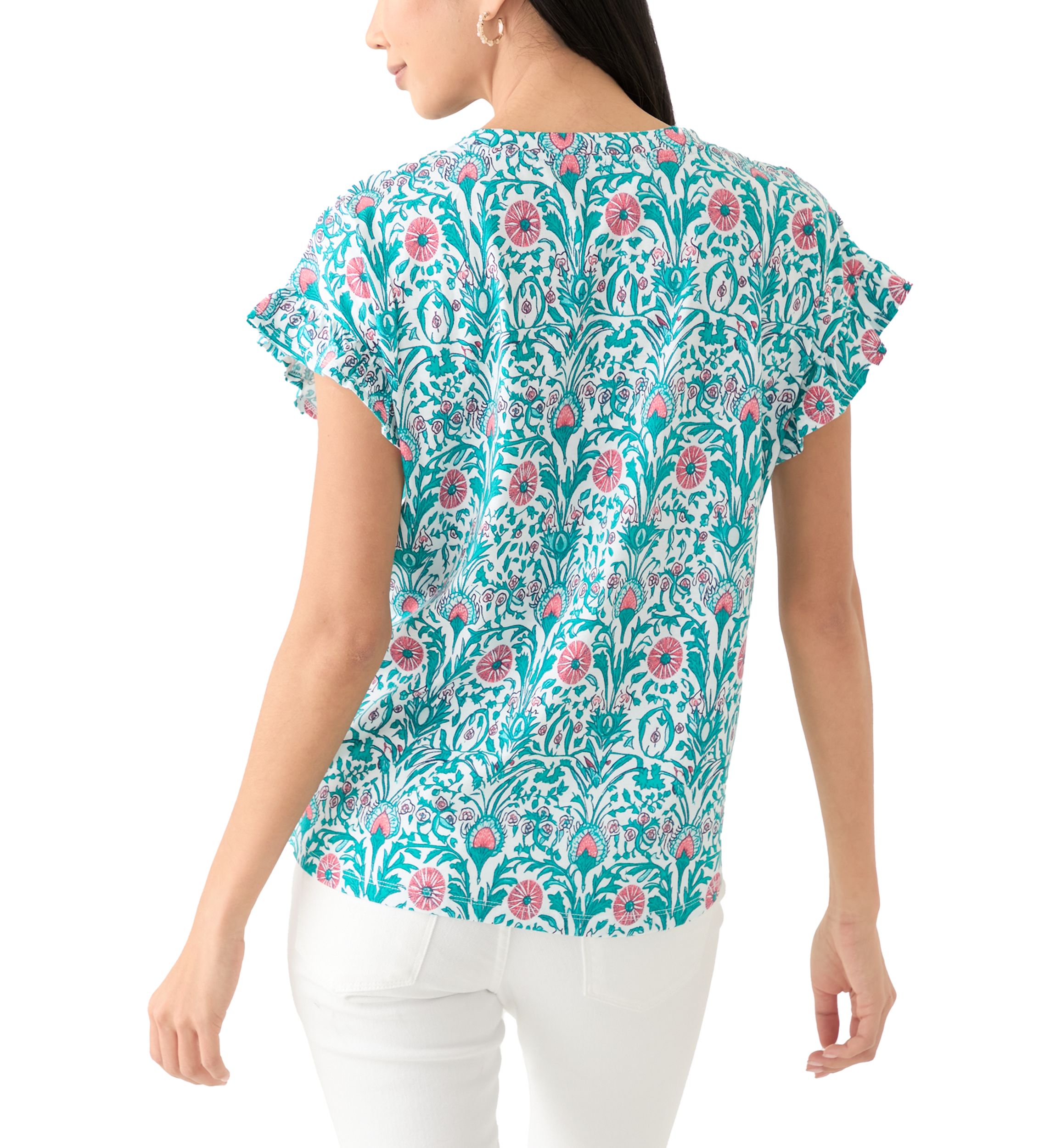 Womens Short Ruffle Sleeve Printed T-Shirt
