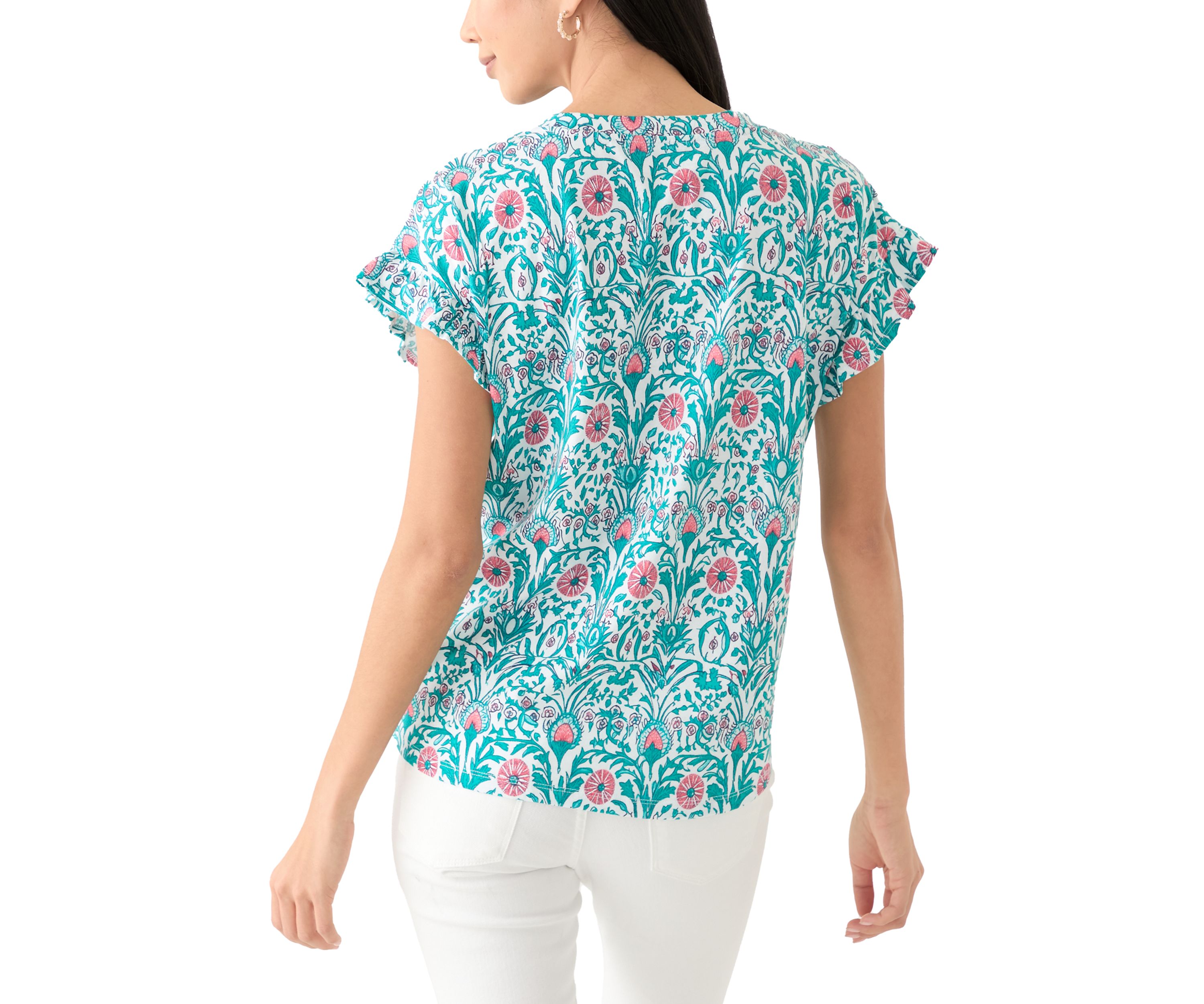 Womens Short Ruffle Sleeve Printed T-Shirt