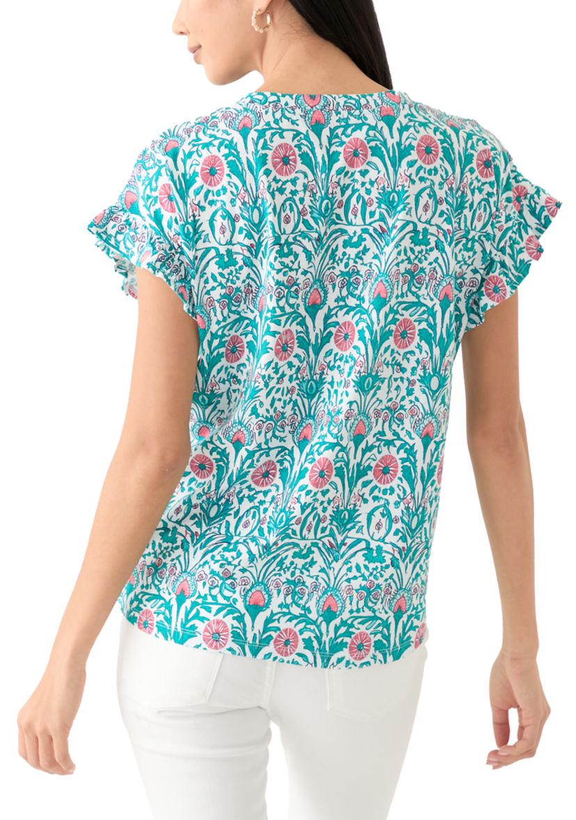 Womens Short Ruffle Sleeve Printed T-Shirt