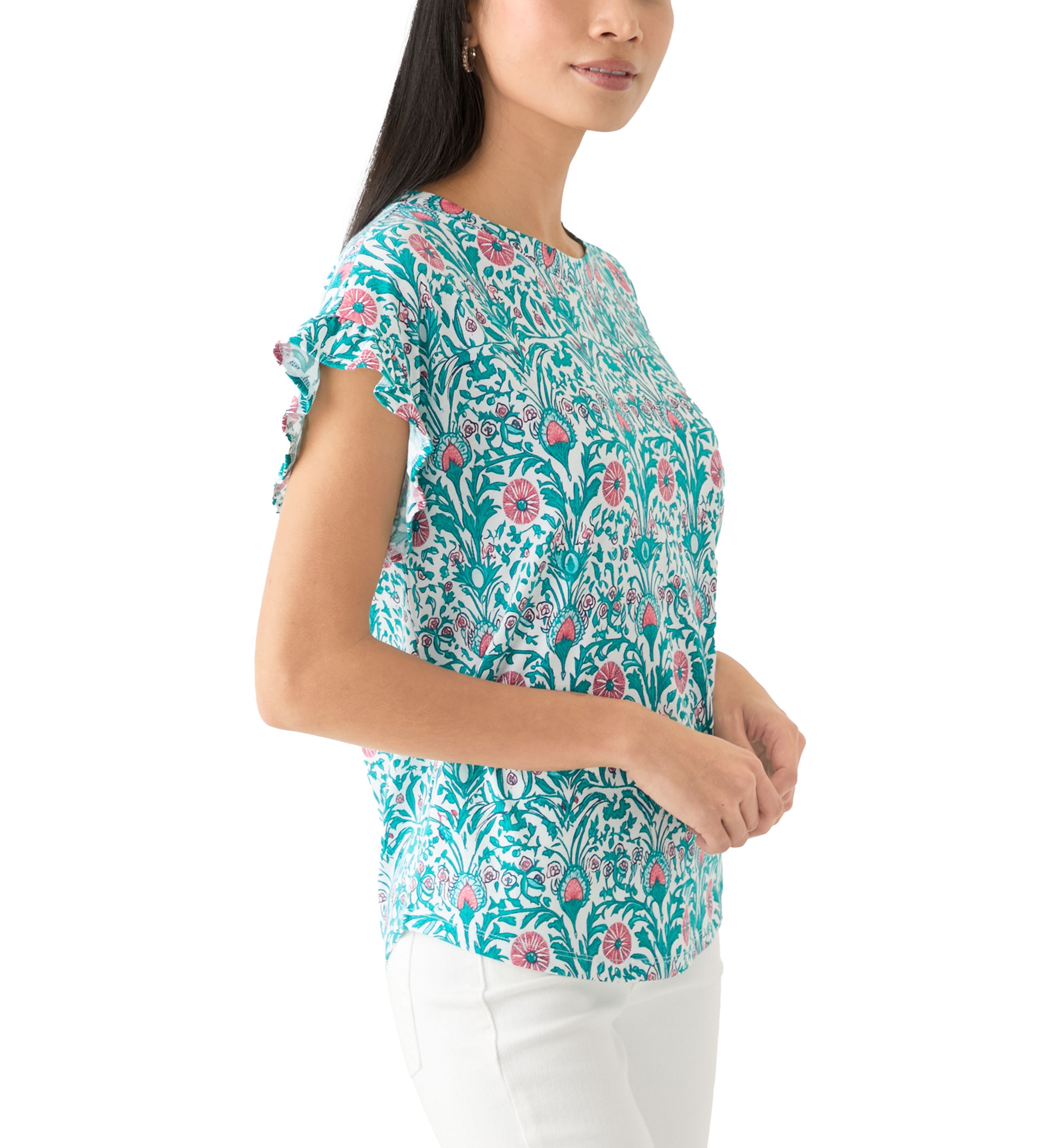 Womens Short Ruffle Sleeve Printed T-Shirt