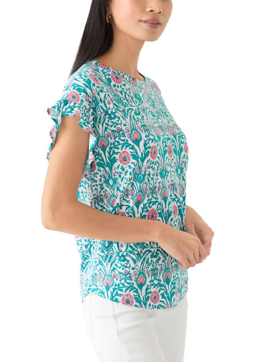 Womens Short Ruffle Sleeve Printed T-Shirt