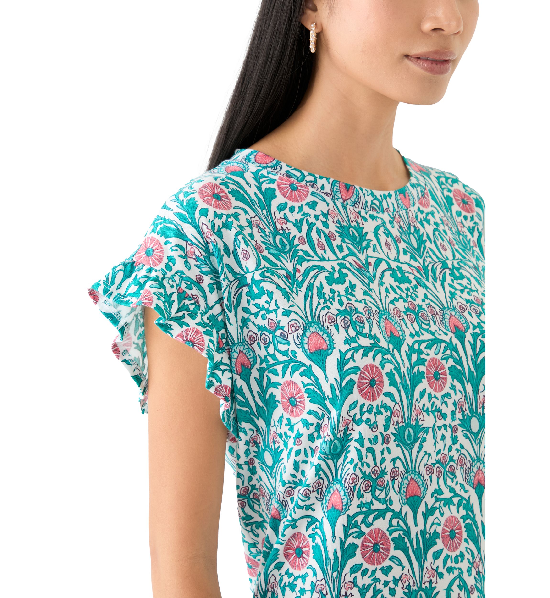 Womens Short Ruffle Sleeve Printed T-Shirt