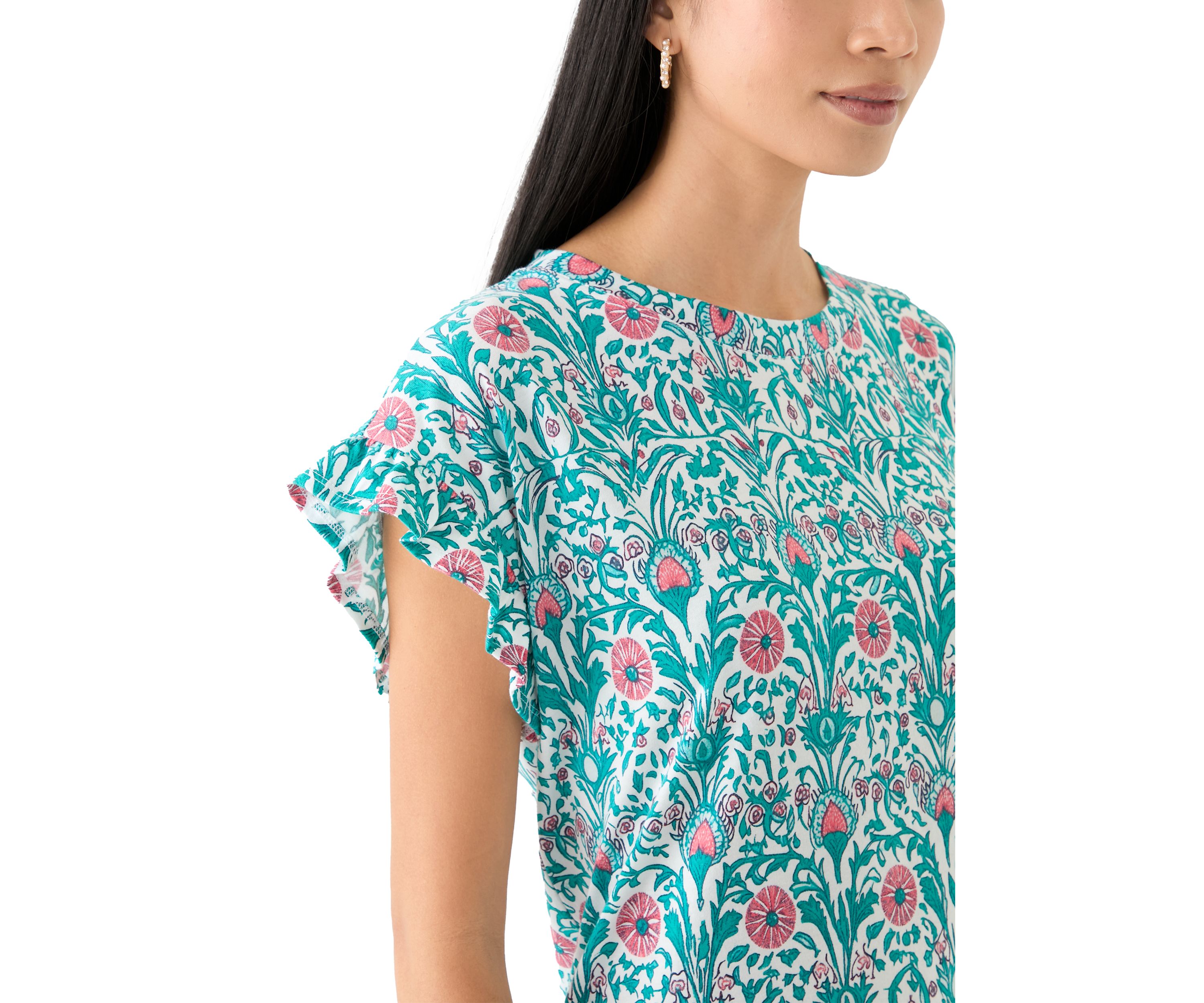 Womens Short Ruffle Sleeve Printed T-Shirt