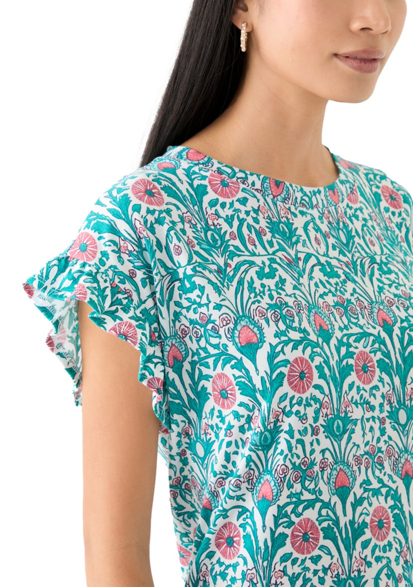 Womens Short Ruffle Sleeve Printed T-Shirt