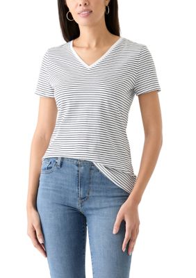 Crown & Ivy Women's Short Sleeve Striped V-Neck T-Shirt, Navy Blue, XS