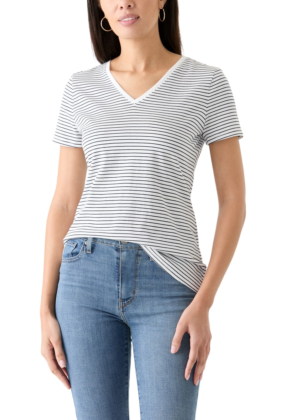 Womens Short Sleeve Striped V-Neck T-Shirt 