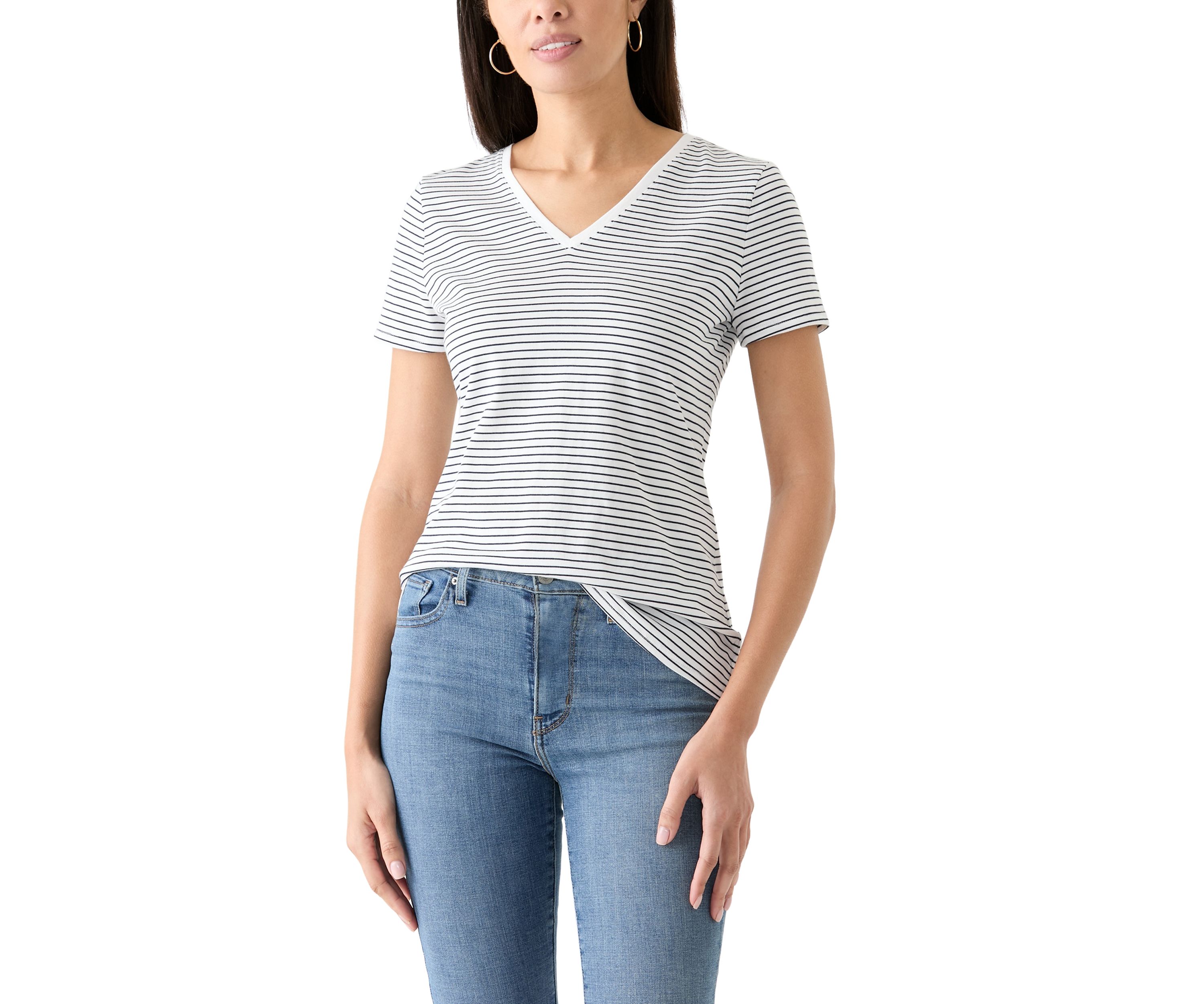 Womens Short Sleeve Striped V-Neck T-Shirt 