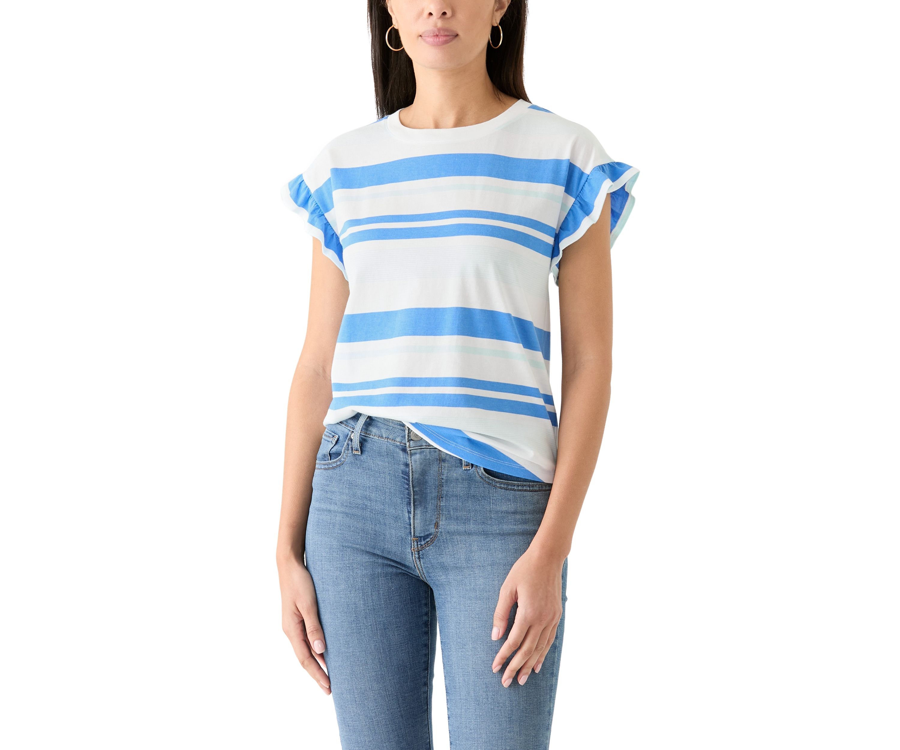 Womens Short Ruffle Sleeve Striped T-Shirt 
