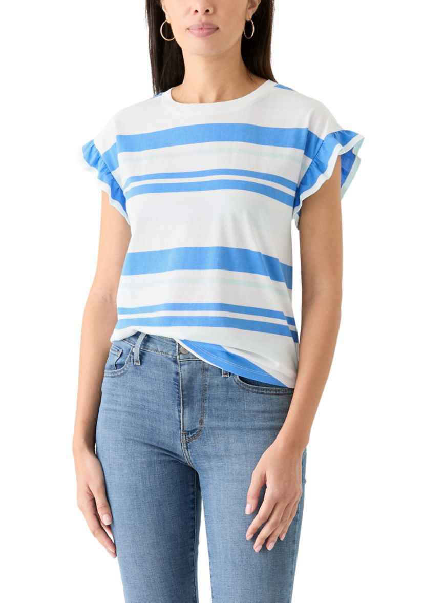 Womens Short Ruffle Sleeve Striped T-Shirt 