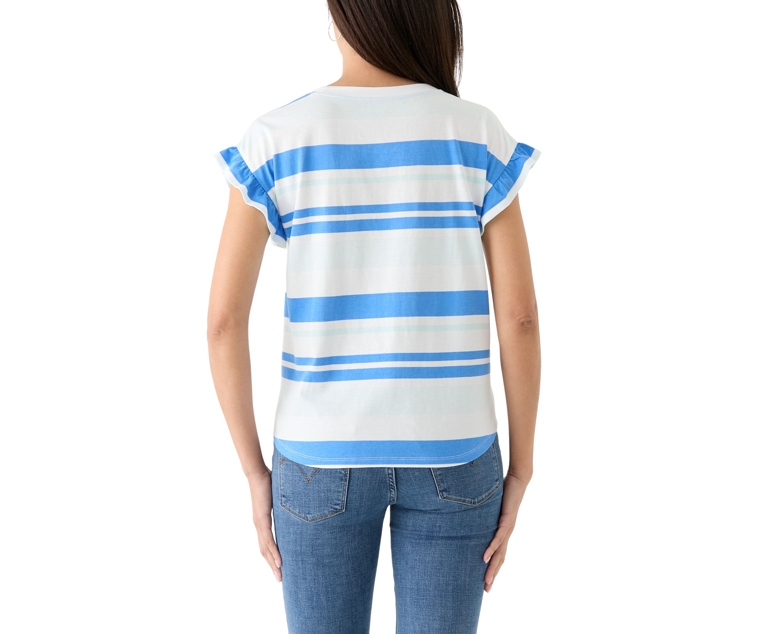 Womens Short Ruffle Sleeve Striped T-Shirt 