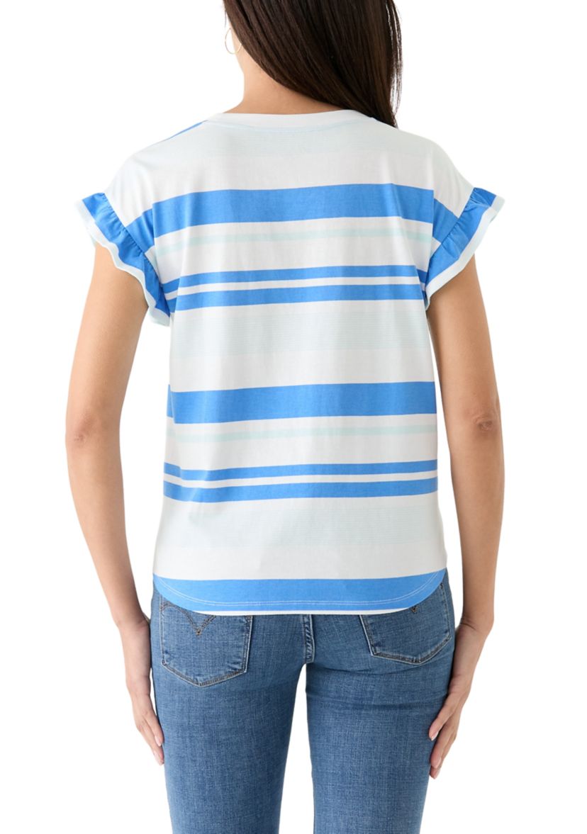 Womens Short Ruffle Sleeve Striped T-Shirt 