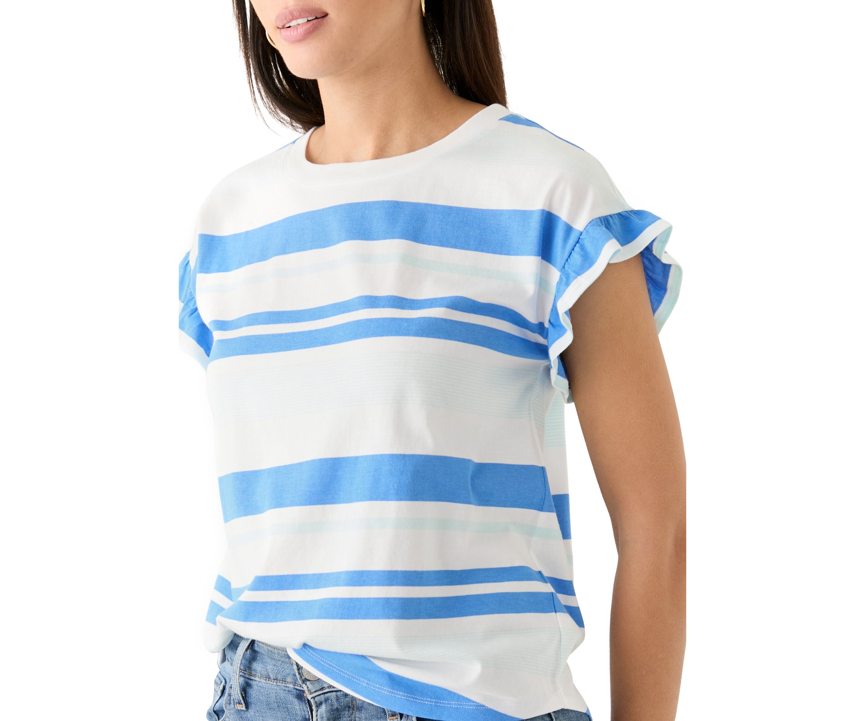 Womens Short Ruffle Sleeve Striped T-Shirt 