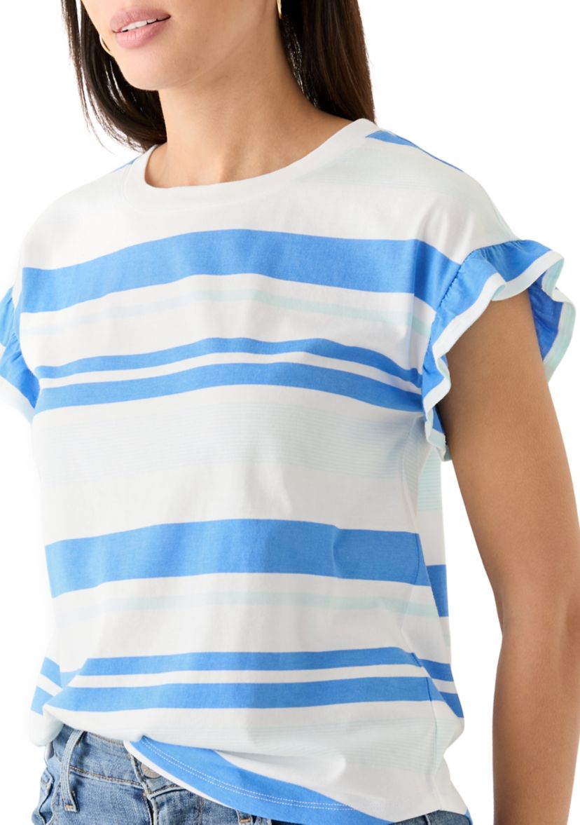 Womens Short Ruffle Sleeve Striped T-Shirt 
