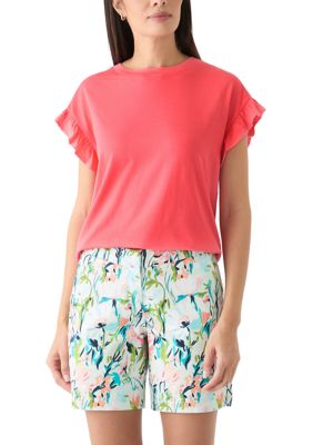 Crown & Ivy Women's Solid Ruffle Sleeve T-Shirt, Salmon, Small