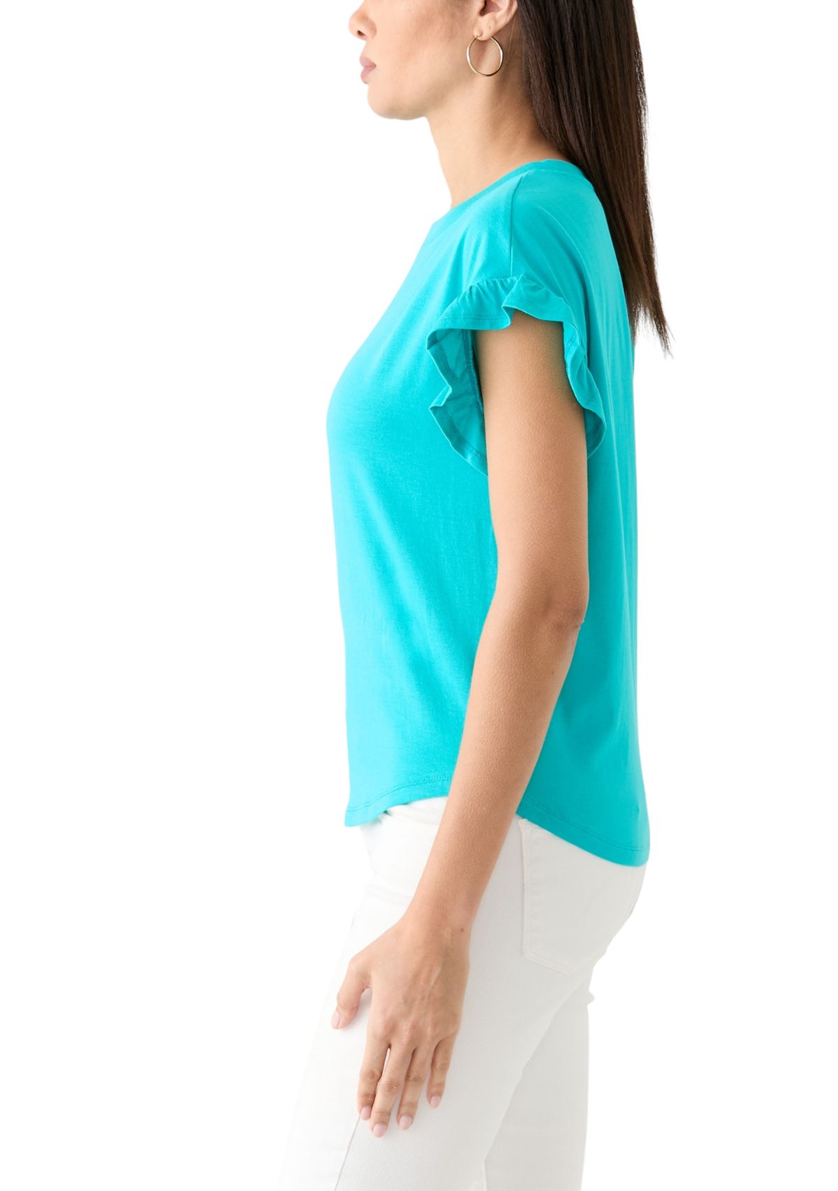 Womens Solid Ruffle Sleeve T-Shirt
