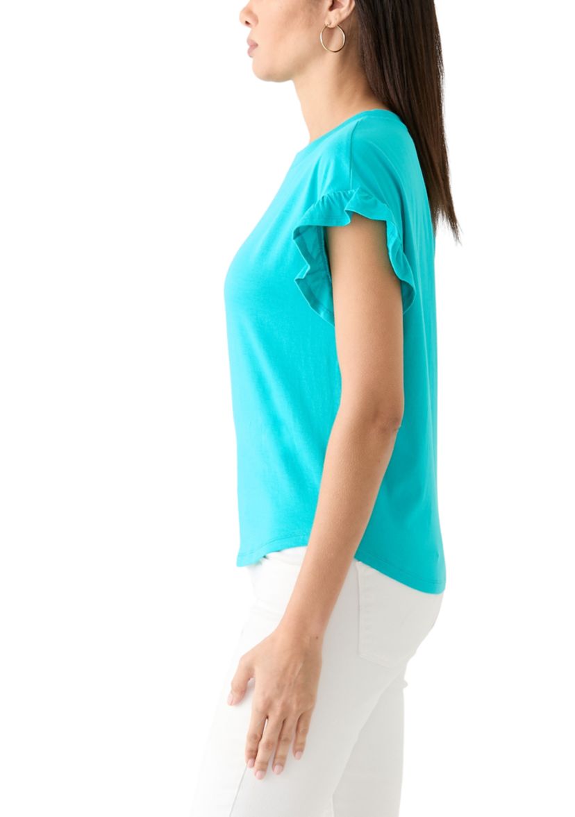 Womens Solid Ruffle Sleeve T-Shirt