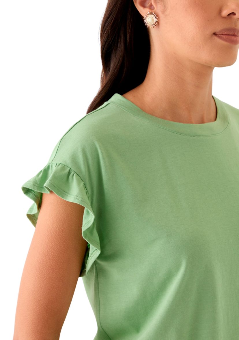 Womens Solid Ruffle Sleeve T-Shirt