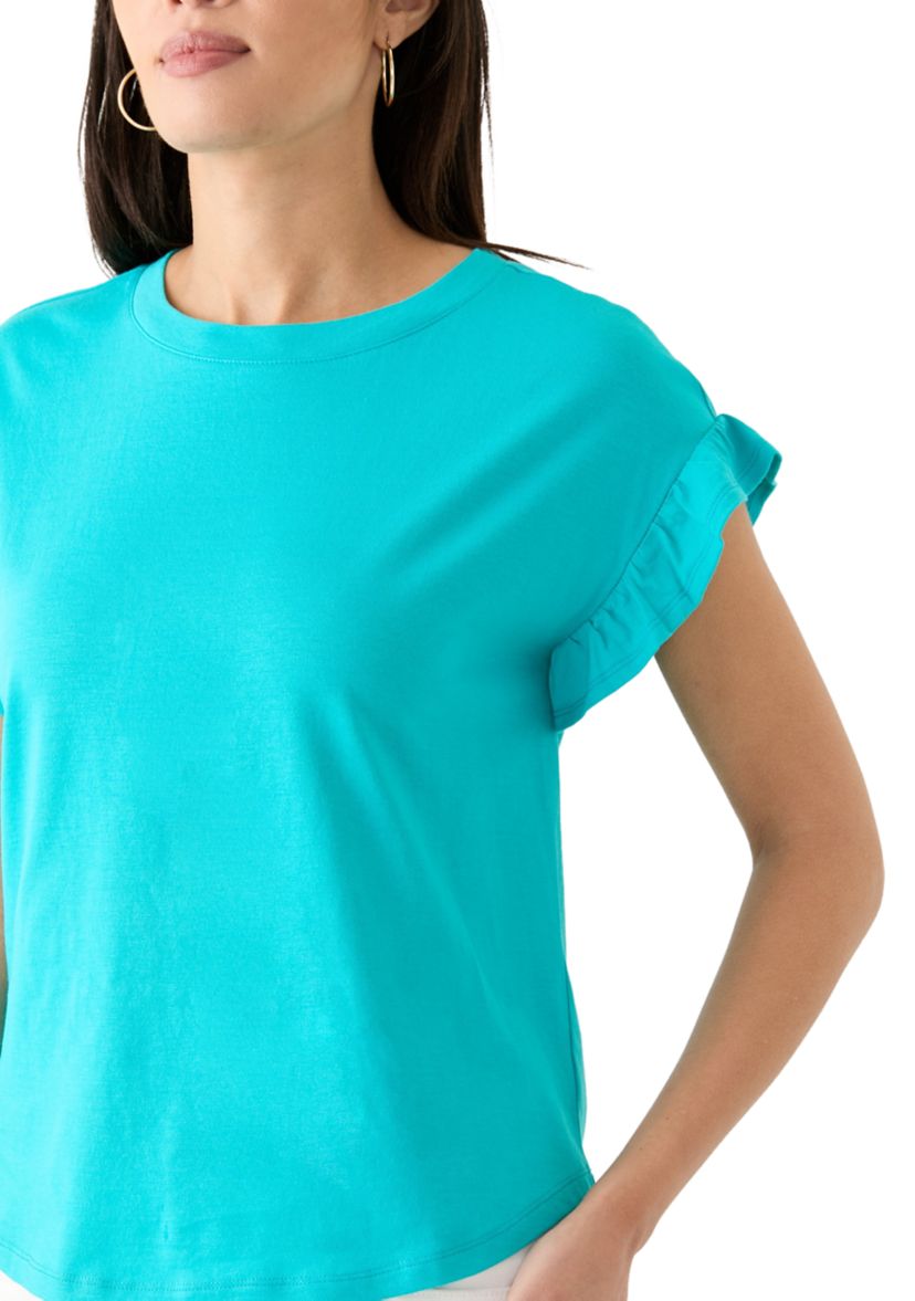 Womens Solid Ruffle Sleeve T-Shirt