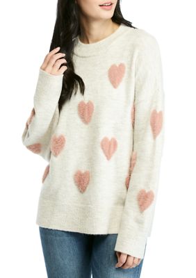 Crown & Ivy™ Petite Drop Shoulder Allover Fuzzy Heart Sweater | belk