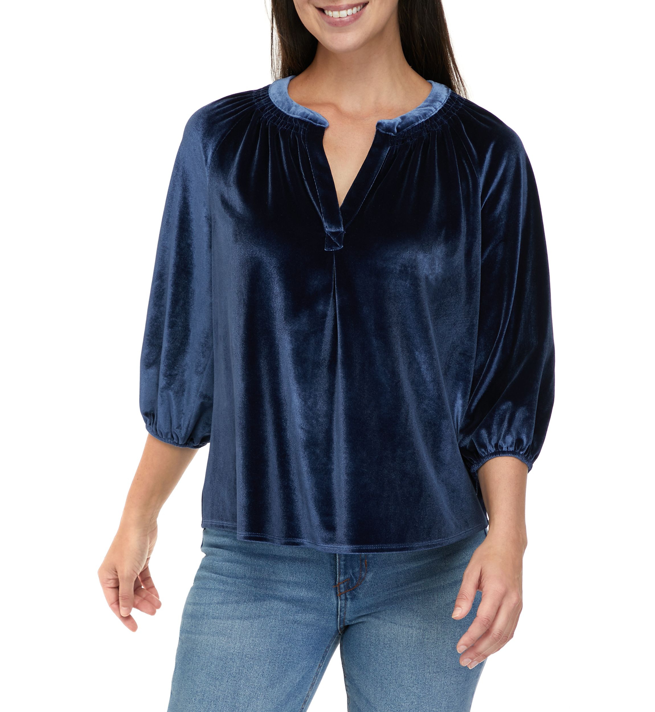 Petite 3/4 Sleeve Velvet Peasant Top