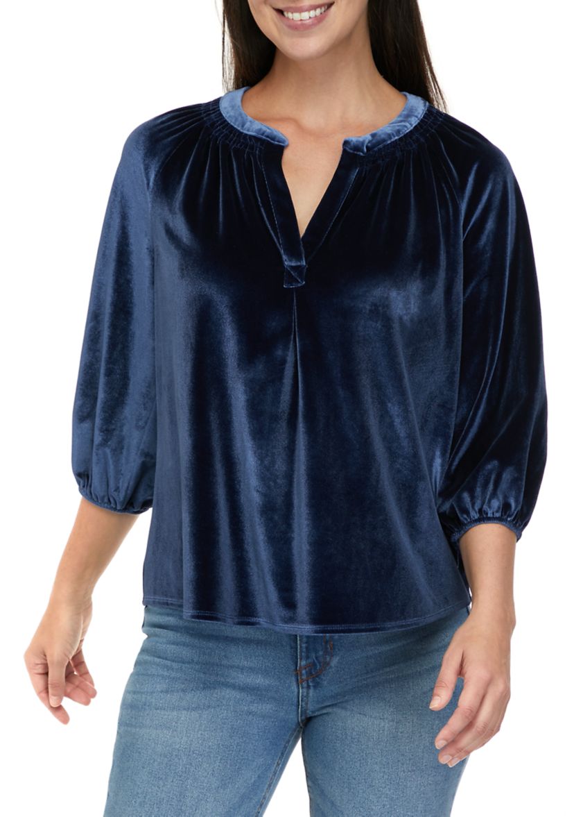 Petite 3/4 Sleeve Velvet Peasant Top