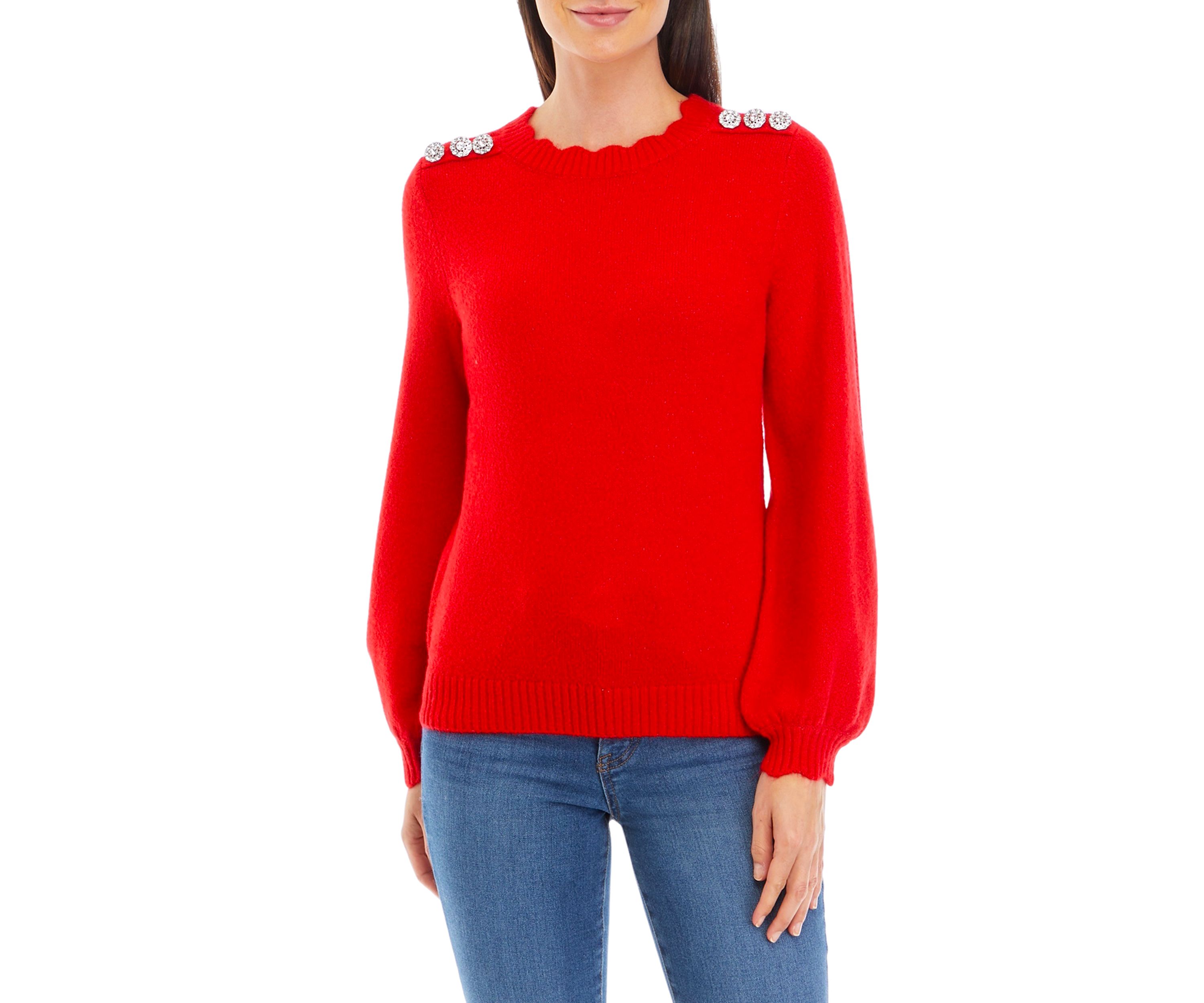 Petite Button Shoulder Crew Neck Sweater