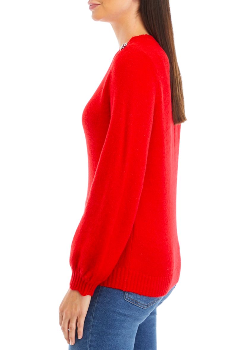 Petite Button Shoulder Crew Neck Sweater