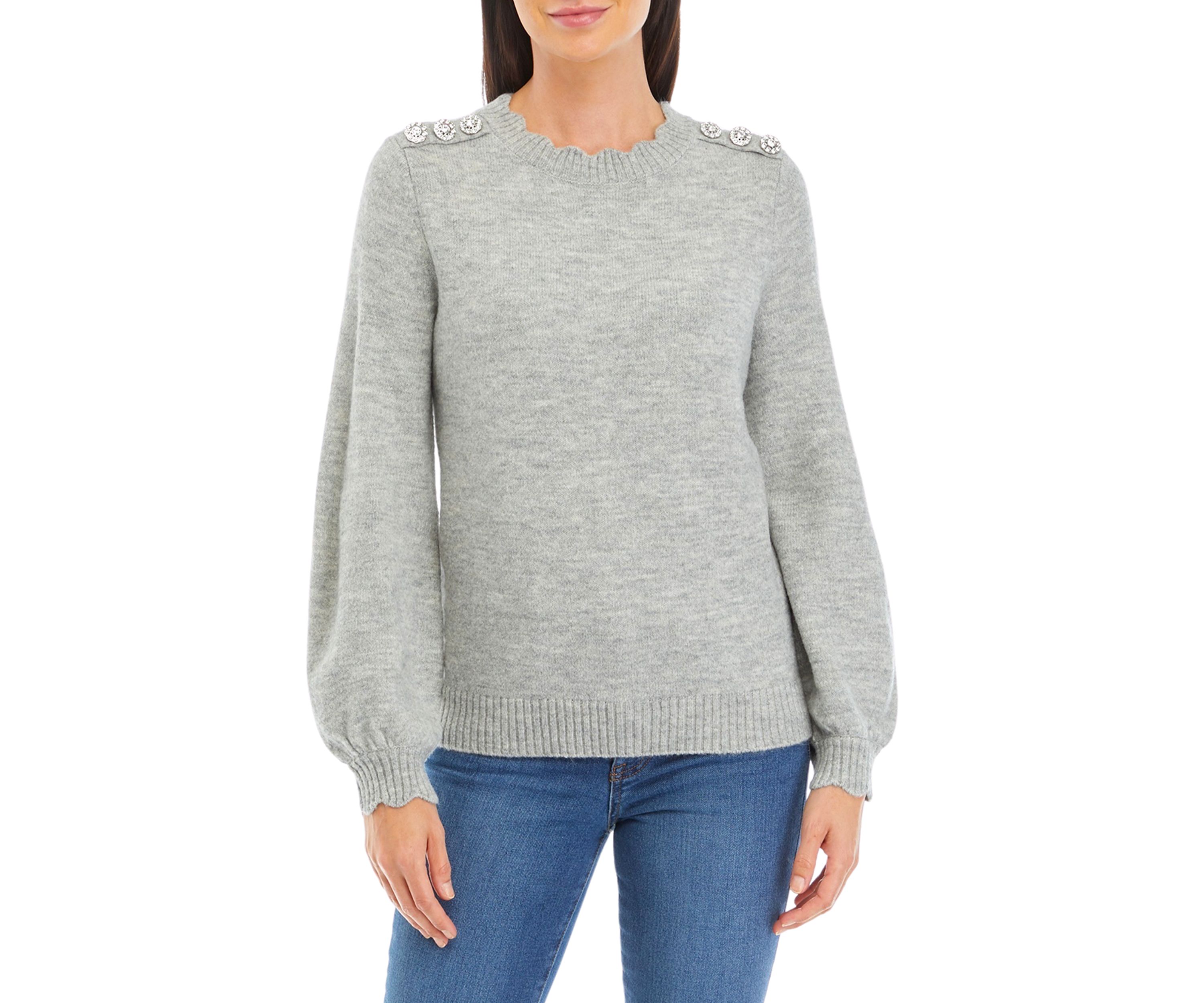 Petite Button Shoulder Crew Neck Sweater