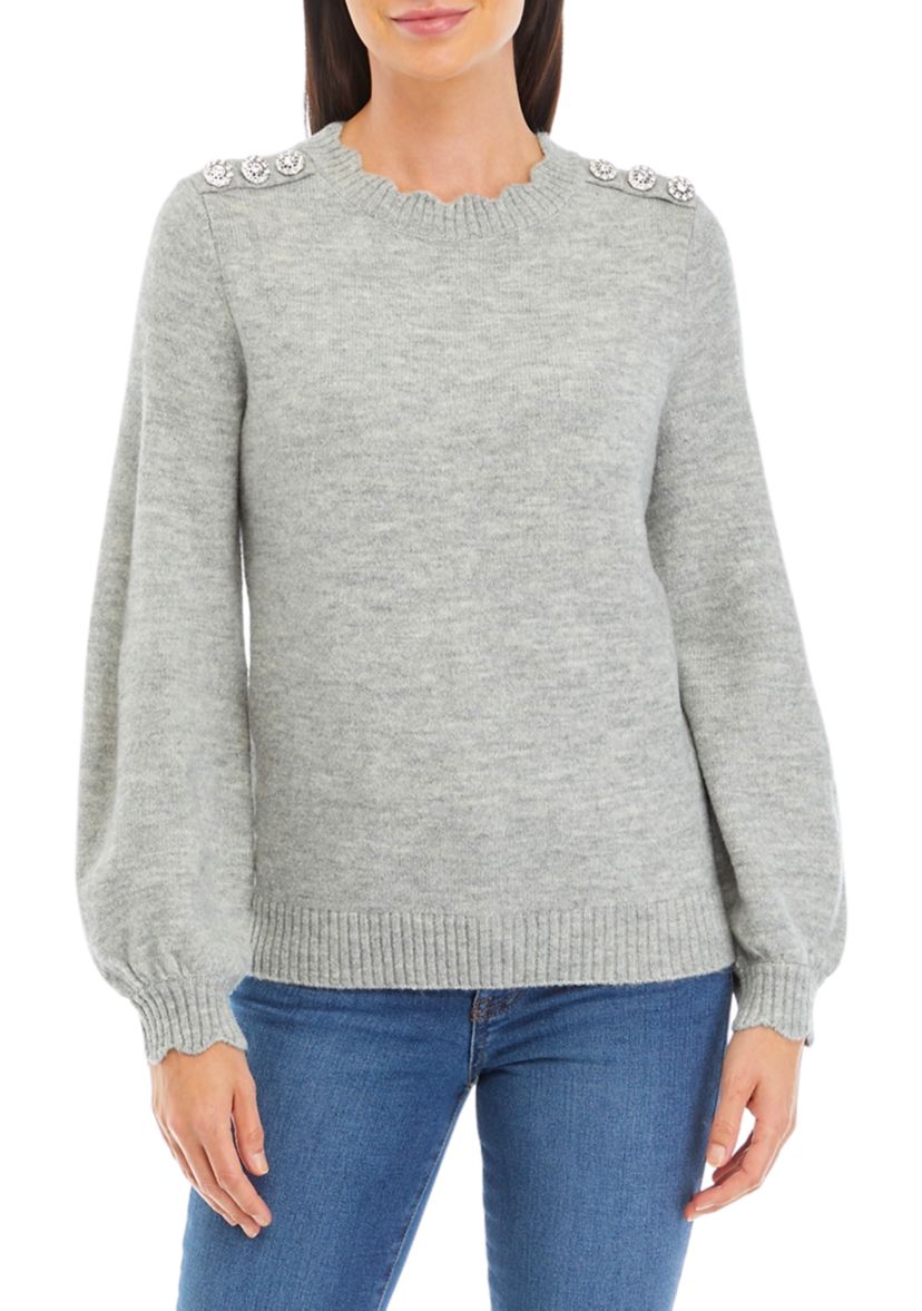 Petite Button Shoulder Crew Neck Sweater