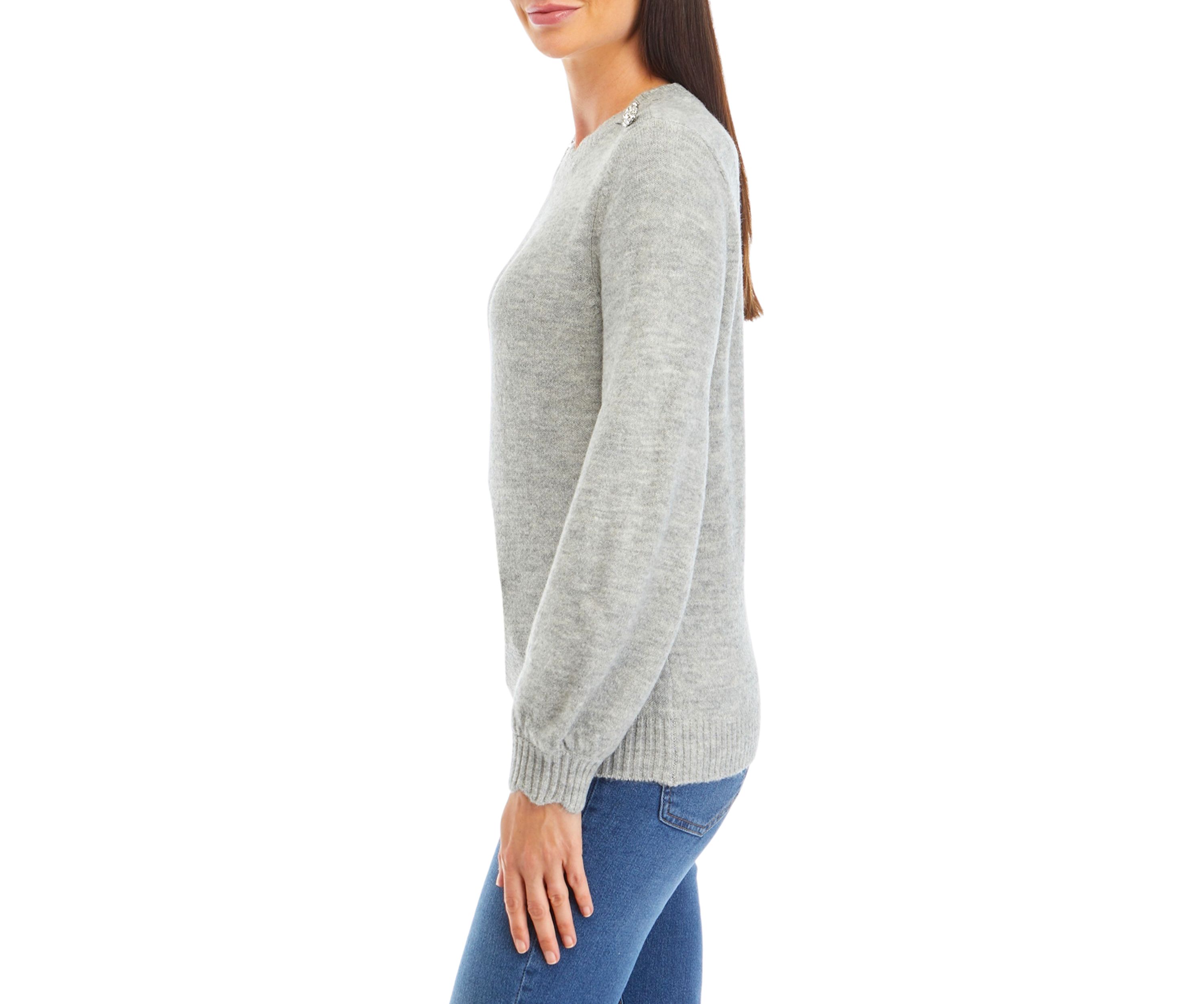 Petite Button Shoulder Crew Neck Sweater