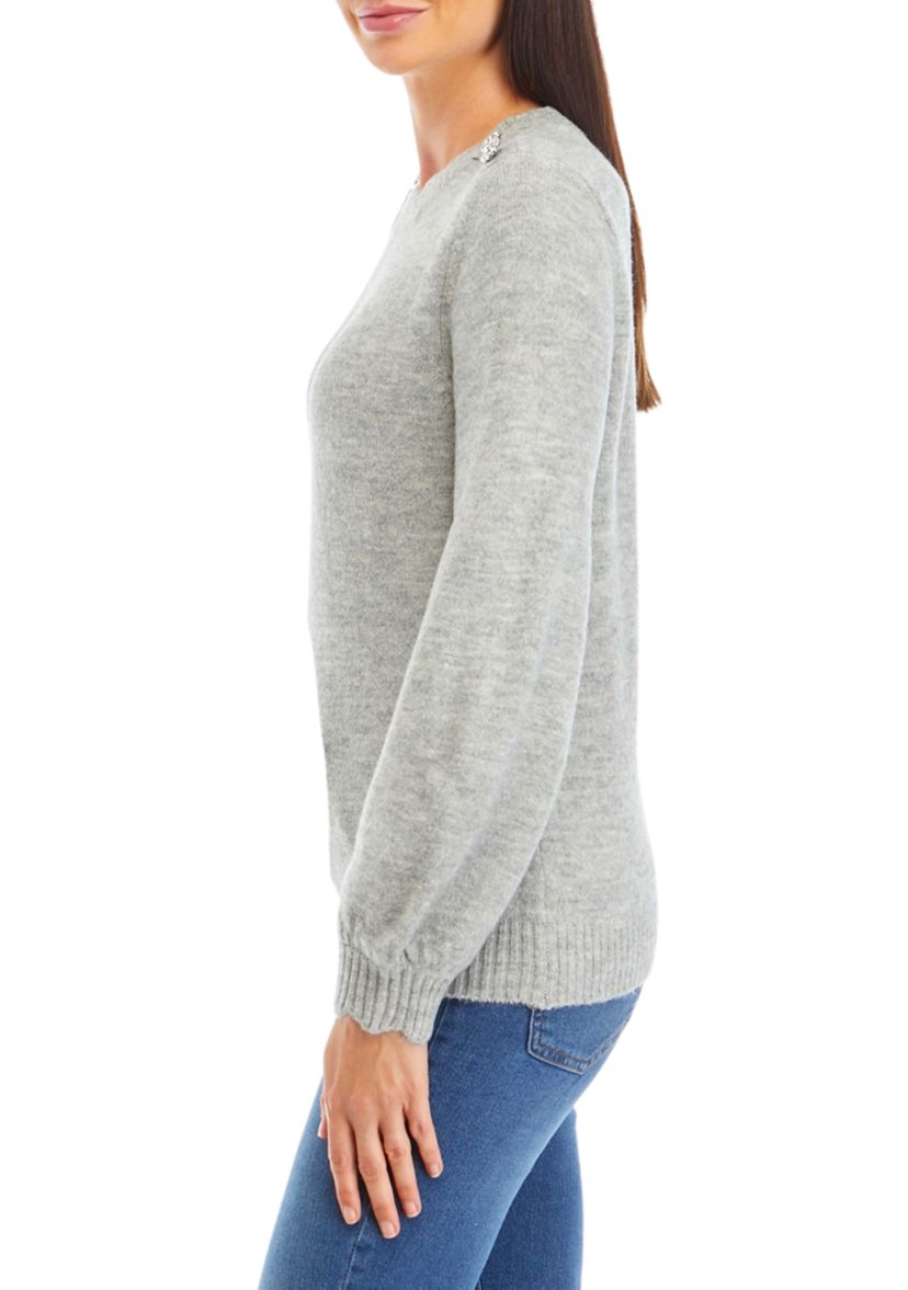 Petite Button Shoulder Crew Neck Sweater