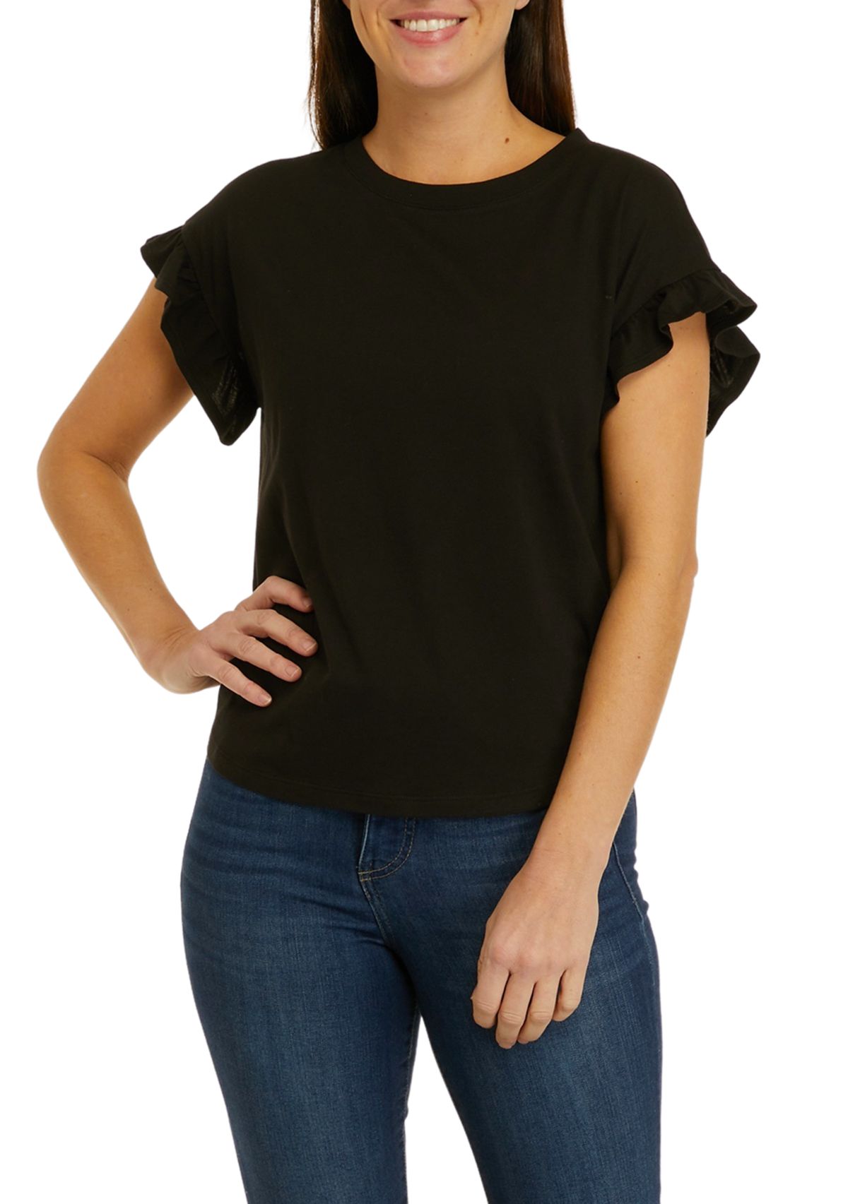 Petite Short Sleeve Ruffle Solid T-Shirt