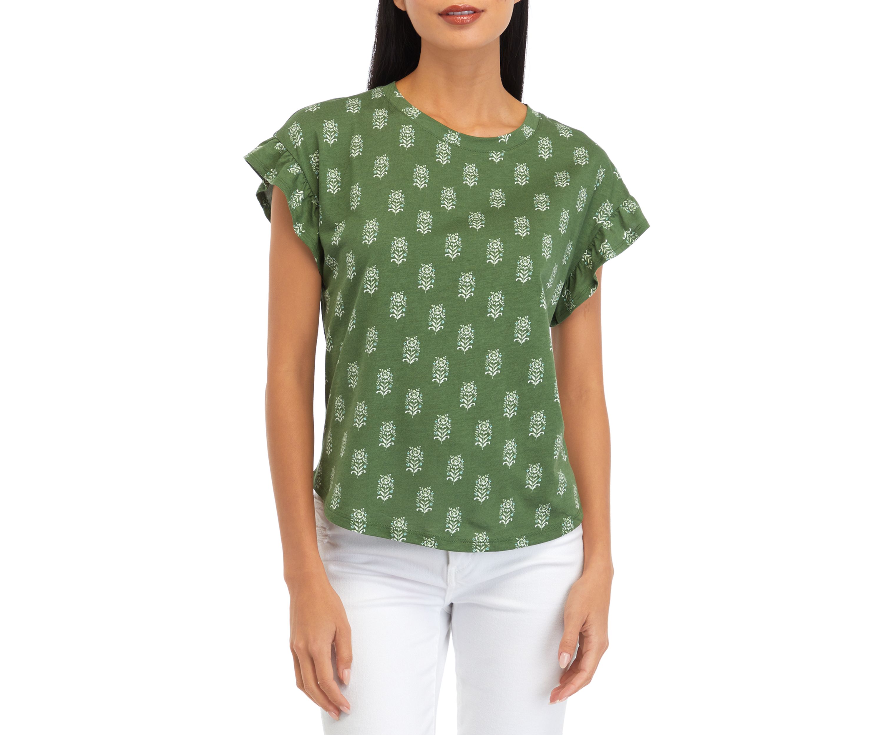 Petite Short Sleeve Ruffle Printed T-Shirt
