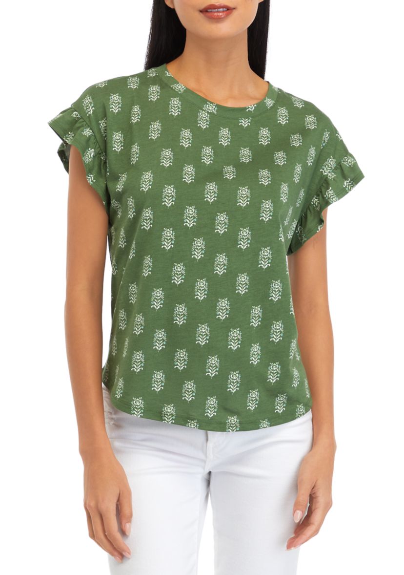 Petite Short Sleeve Ruffle Printed T-Shirt