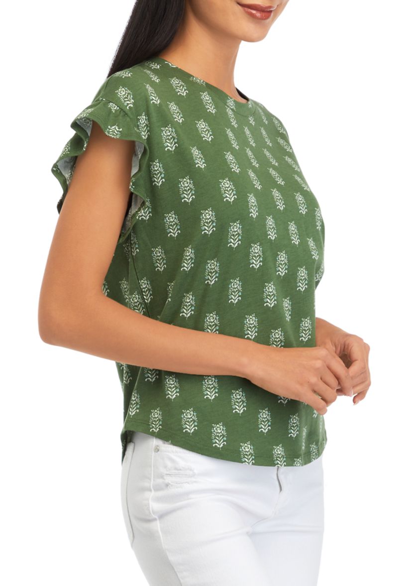 Petite Short Sleeve Ruffle Printed T-Shirt