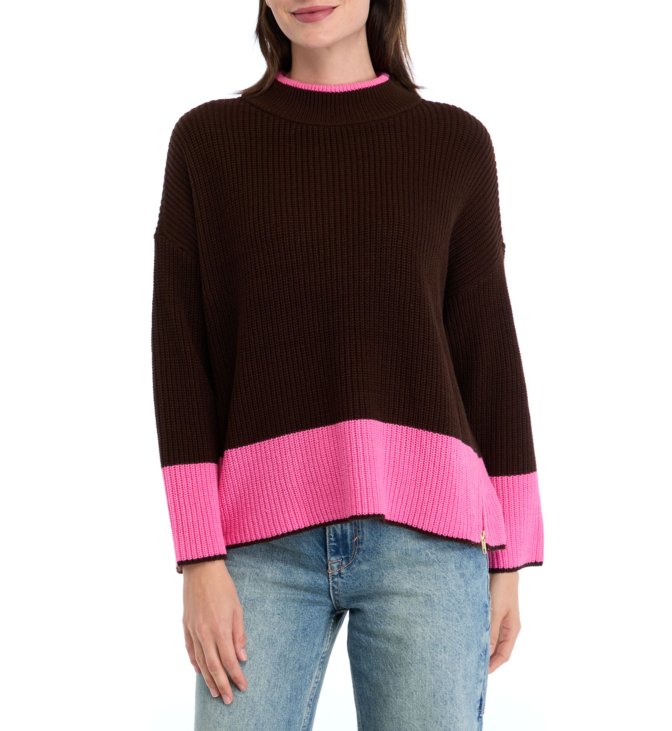 Petite Long Sleeve Mock Neck Color Block Top