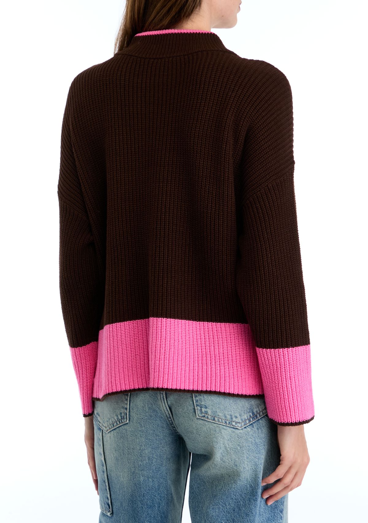 Petite Long Sleeve Mock Neck Color Block Top