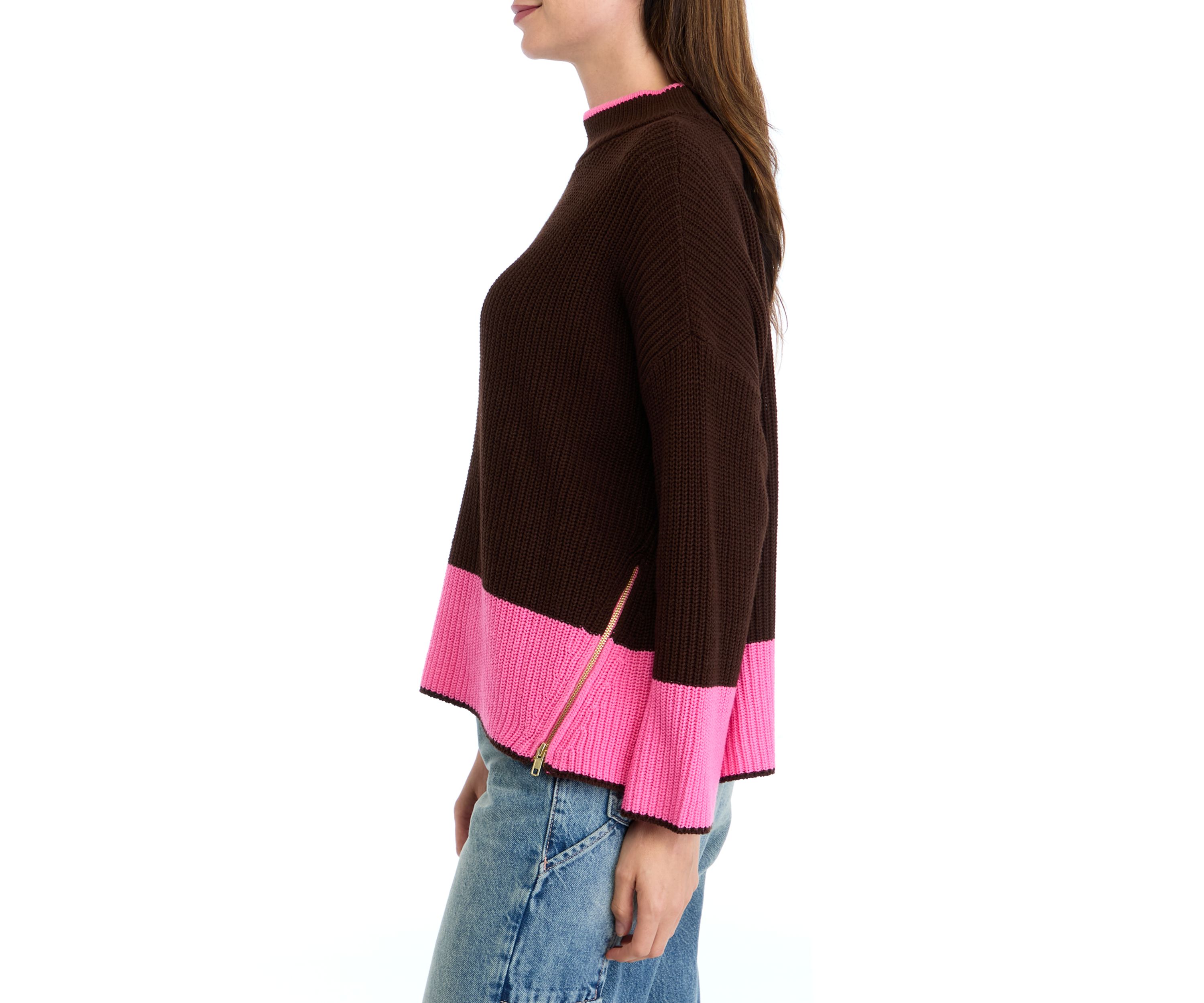Petite Long Sleeve Mock Neck Color Block Top