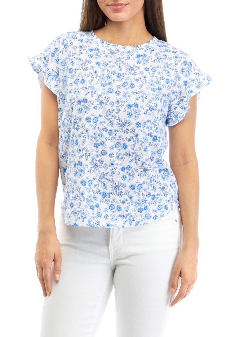 Petite Ruffle Printed Top