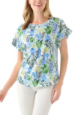 Crown & Ivy Women's Petite Flutter Sleeve Printed Top