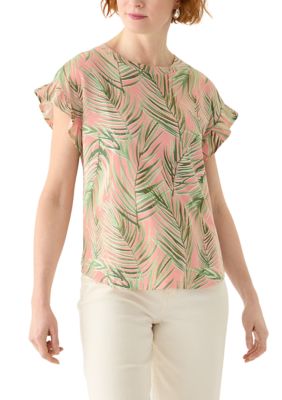 Crown & Ivy Women's Petite Flutter Sleeve Printed Top, Coral, PS