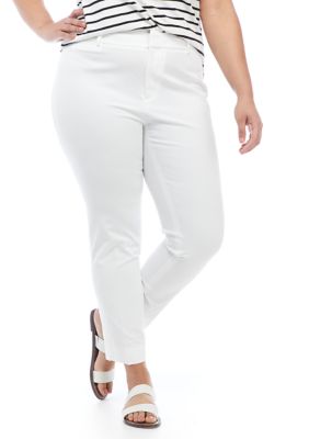 Crown & Ivy Women's Plus Size Cary Fly Front Bi-Stretch Pants, White, 14W