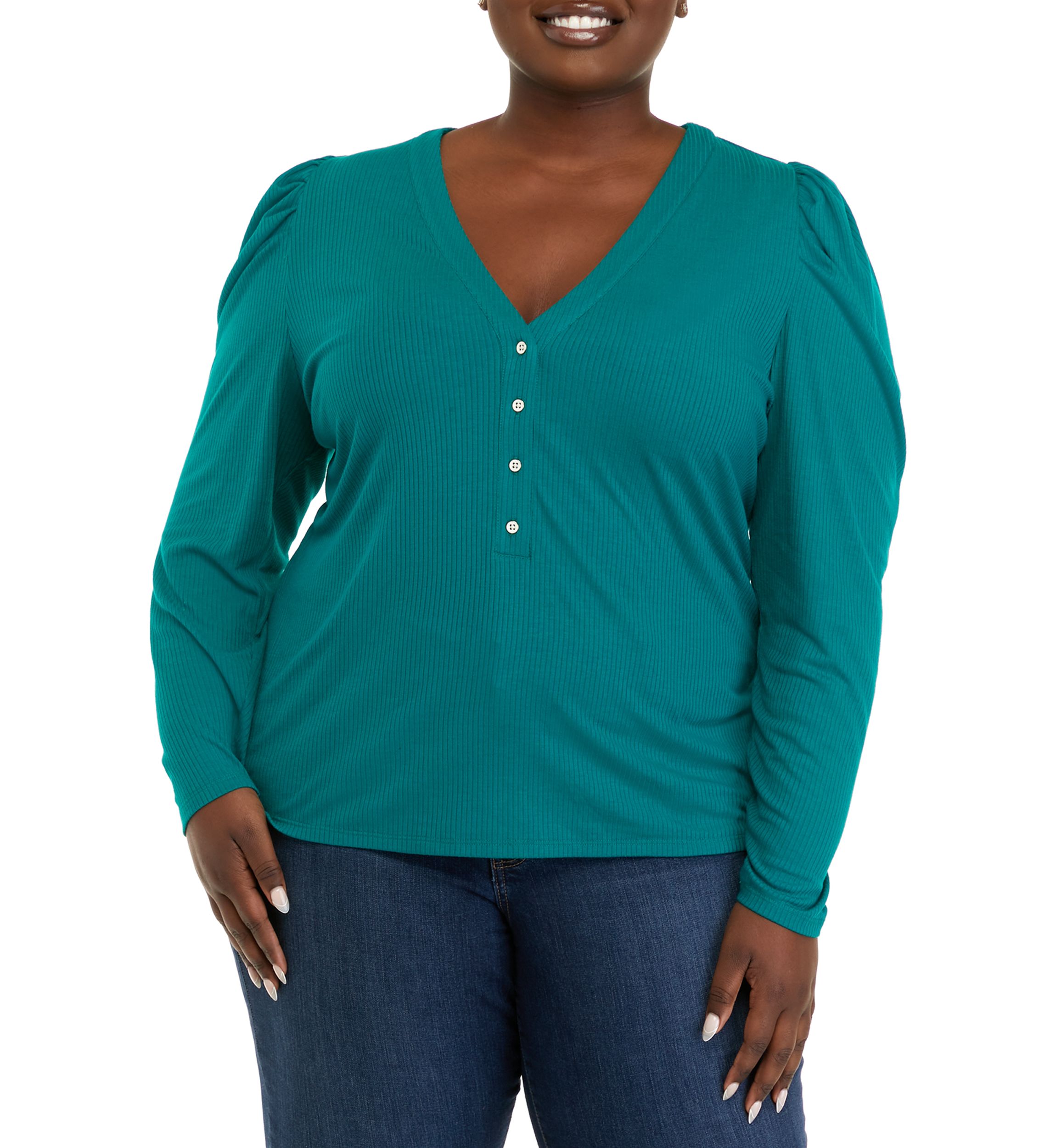 Plus Size Puff Sleeve Ribbed Henley Shirt 