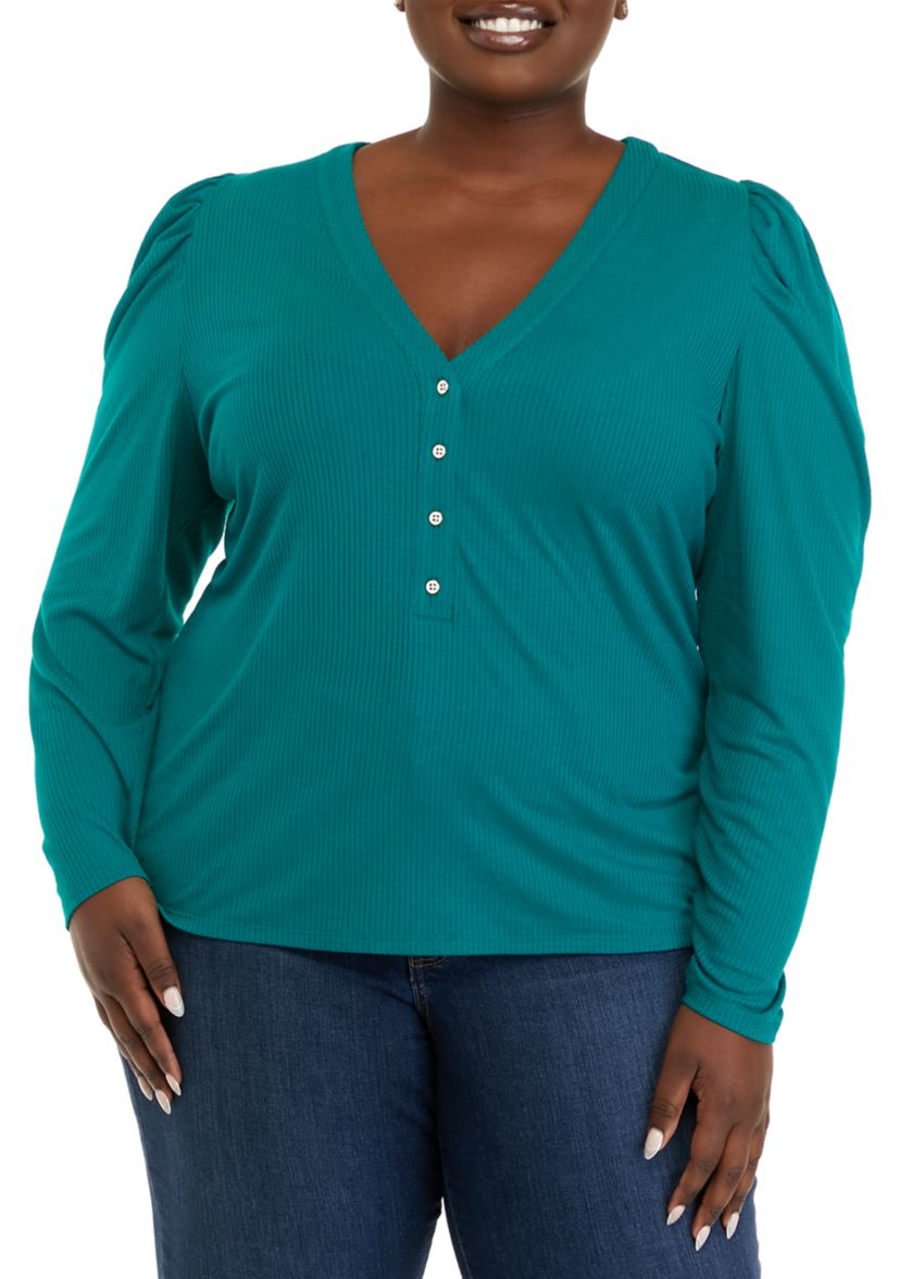 Plus Size Puff Sleeve Ribbed Henley Shirt 