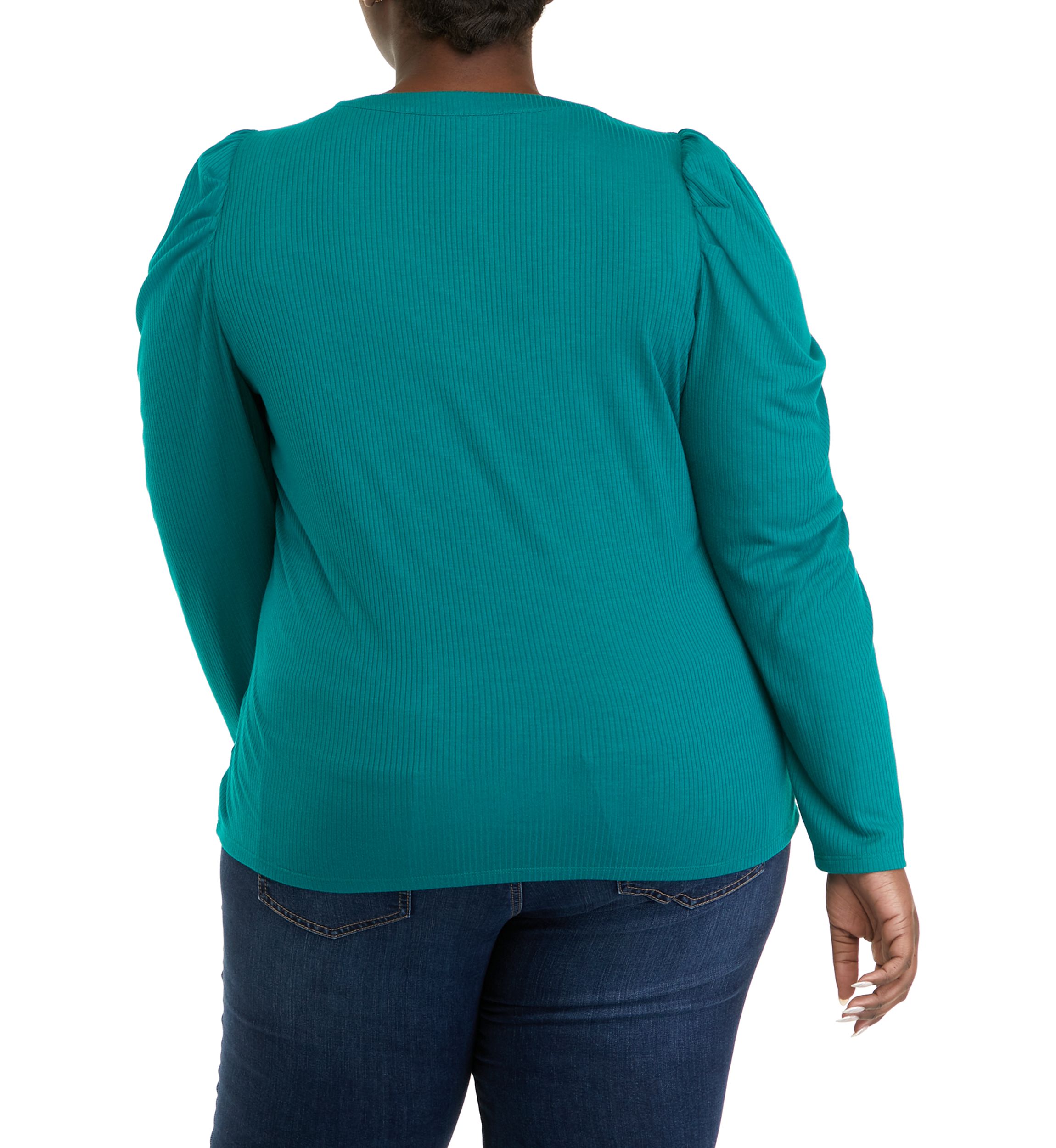 Plus Size Puff Sleeve Ribbed Henley Shirt 