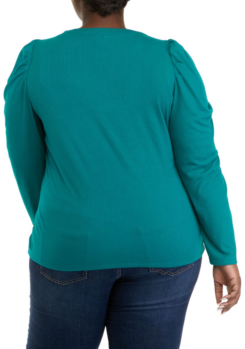 Plus Size Puff Sleeve Ribbed Henley Shirt 