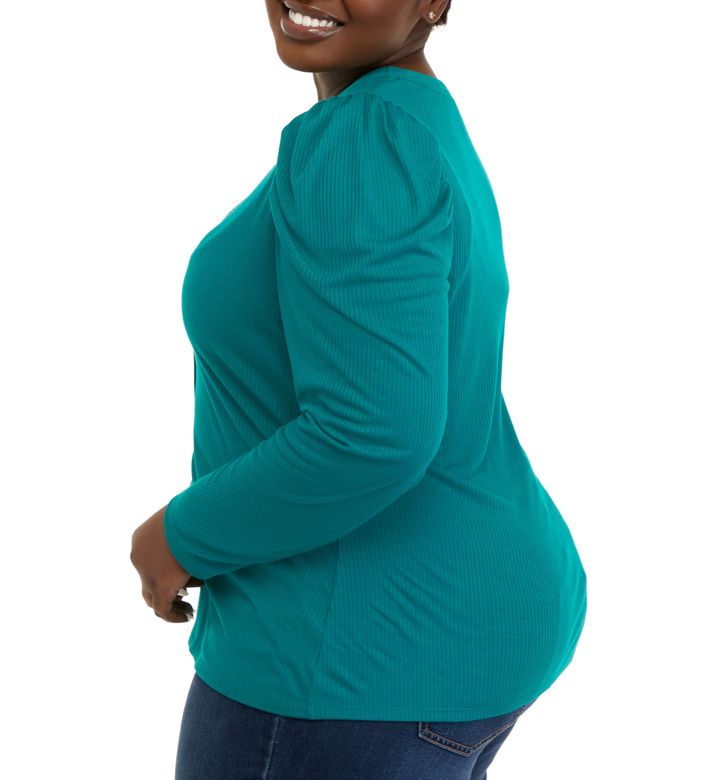 Plus Size Puff Sleeve Ribbed Henley Shirt 